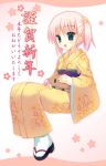  1girl :d aqua_eyes blue_eyes boar clog_sandals female japanese_clothes kimono meito_(maze) new_year open_mouth original pink_hair short_hair sitting smile solo tabi twintails 
