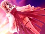  1girl airi_(quilt) bare_shoulders carnelian flower game_cg gloves quilt quilt_(game) ribbon sky solo sunset thigh-highs 