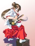  1girl :d amplifier blue_eyes brown_hair electric_guitar guitar h_kamome hakama instrument japanese_clothes long_hair miko new_year open_mouth original red_hakama smile socks solo tabi 