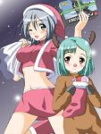  2girls animal_costume blush boots chisato_(missing_park) christmas green_eyes green_hair lowres midriff morinas multiple_girls reindeer_costume rimone santa_costume short_hair silver_hair simoun skirt smile snow snowing thigh-highs violet_eyes wink 