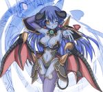  1girl armor astaroth_(shinrabanshou) black_sclera blue_skin blush breasts center_opening demon_girl earrings elbow_gloves gloves heart horns jewelry large_breasts long_hair one-piece_swimsuit pointy_ears shinrabanshou solo spikes swimsuit tail takaku_toshihiko thigh-highs wings wink zoom_layer 