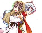  1boy 1girl bare_shoulders blonde_hair blue_eyes blush brown_eyes brown_hair couple detached_sleeves dress dutch_angle freyjadour_falenas gensou_suikoden gensou_suikoden_v headband long_hair long_sleeves looking_at_viewer luserina_barows red_scarf ribbon scarf shimotsuki_akio silver_hair simple_background smile upper_body white_background white_dress 
