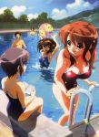  2boys 3girls :d armpits arms_up asahina_mikuru ball beachball book breasts brown_hair cleavage clouds competition_school_swimsuit crossed_arms detexted fence hair_ribbon hairband highres hill koizumi_itsuki kyon large_breasts medium_breasts mole mole_on_breast multiple_boys multiple_girls nagato_yuki nishiya_futoshi one-piece_swimsuit open_book open_mouth outdoors pool pool_ladder poolside ribbon school_swimsuit short_hair sitting sky small_breasts smile soaking_feet sparkle suzumiya_haruhi suzumiya_haruhi_no_yuuutsu swimsuit tree water wet wet_hair 