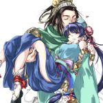  1boy 1girl armlet armor black_hair blue_dress blue_eyes blue_hair blush boots bow bracelet bun_cover cape carrying chinese_clothes cloak closed_eyes couple cuffs detached_sleeves double_bun dress earrings hair_bun hair_ornament hat headband headdress heart hetero holding jewelry kiss liu_bei long_hair low-tied_long_hair matsukura_nemu open_mouth princess_carry ribbon san_chin sangokushi_taisen smile thighs tied_hair twintails white_background wink 