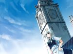  1girl braid clock clock_tower clouds dutch_angle female izayoi_sakuya maid outdoors seo_tatsuya short_hair sky solo touhou tower twin_braids 