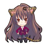  1girl aisaka_taiga angry animal_ears blush bow brown_eyes brown_hair cat_ears cat_tail chibi kyougoku_shin long_hair lowres open_mouth ribbon simple_background skirt solo tail tiger_ears toradora! uniform 