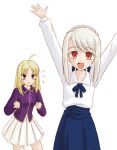  2girls alternate_hairstyle artoria_pendragon_(all) artoria_pendragon_(all)_(cosplay) blouse blush cosplay costume_switch fate/kaleid_liner_prisma_illya fate/stay_night fate_(series) green_eyes illyasviel_von_einzbern illyasviel_von_einzbern_(cosplay) multiple_girls red_eyes saber saber_(cosplay) 