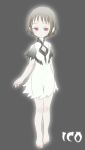  1girl barefoot breasts cleavage copyright_name dress grey_background grey_hair ico pale_skin pointy_ears red_eyes see-through short_hair simple_background solo white_dress yorda 