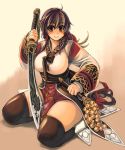  1girl bell breasts brown_eyes brown_hair curvy large_breasts plump ragnarok_online smile solo soul_linker sword thigh-highs weapon xration 