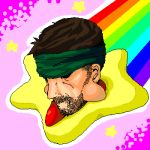  1boy beard epic facial_hair fusion hoshi_no_kirby kirby kirby_(series) lowres male_focus metal_gear_(series) metal_gear_solid rainbow riding solid_snake solo super_smash_bros. super_smash_bros_brawl what 