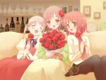  3girls akino_momiji bottle closed_eyes couch flower kiriyama_sakura multiple_girls pantyhose redhead rose sakura_musubi short_hair 