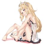  1girl bangs bare_arms bare_legs bare_shoulders barefoot blonde_hair blush bow breasts cagliostro_(granblue_fantasy) dress ebifurya eyebrows_visible_through_hair feet frilled_dress frills full_body granblue_fantasy hairband hands_on_feet highres holding long_hair looking_at_viewer nail_polish open_mouth plaid plaid_bow see-through simple_background sitting small_breasts smile solo strap_slip toenail_polish toes violet_eyes white_background white_dress 