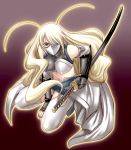  1girl antenna_hair armor blonde_hair chiba_toshirou eyepatch fresia gloves jubei-chan katana kneeling long_hair mask midriff secret_of_the_lovely_eyepatch solo squatting sword weapon yagyu_freesia 