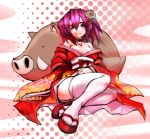  1girl blush boar collar flower garter_straps hair_between_eyes hair_ornament japanese_clothes kimono kobayashi_tetsuya long_sleeves looking_at_viewer new_year off_shoulder purple_hair red_eyes red_shoes shoes sitting smile solo thigh-highs white_legwear 