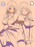  2girls alternate_costume blush breasts closed_eyes embarrassed enmaided faris_scherwiz final_fantasy final_fantasy_v heart hima large_breasts lenna_charlotte_tycoon long_hair maid maid_headdress monochrome multiple_girls short_hair smile spot_color thigh-highs tray 