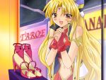  00s 1girl bangs blonde_hair blush breasts broccoli_(company) cleavage cleavage_cutout forehead_mark galaxy_angel hair_ornament hairclip hands_clasped high_heels long_hair navel_cutout open_mouth ranpha_franboise shoes solo very_long_hair 