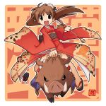  1girl arrow boar brown_eyes brown_hair flower hair_ornament japanese_clothes kimono long_hair new_year open_mouth ponytail sandals smile solo toes yuichirou 
