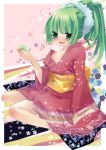  alcohol flower green_eyes green_hair japanese_clothes kimono new_year open_mouth pointy_ears ponytail sake saki sazaki_ichiri sitting smile 