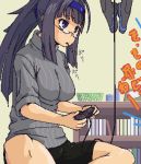  1girl bike_shorts game_console glasses lowres oekaki playing_games playstation_2 pocky sleeves_rolled_up solo sweater video_game 
