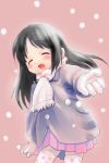  1girl ^_^ ^o^ black_hair blush closed_eyes cowboy_shot fang gloves hima jacket long_hair open_mouth outstretched_arm pleated_skirt polka_dot polka_dot_legwear scarf skirt smile snow snowing solo thigh-highs white_gloves white_scarf 