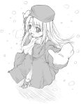  1girl breath coat face fate/stay_night fate_(series) female full_body hands hat illyasviel_von_einzbern mittens monochrome open_mouth outdoors outstretched_arms scarf smile snow snowing solo white_background yamaguchi_homupe 