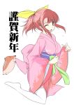  95-tan boar japanese_clothes kimono new_year os-tan pink_hair ponytail shijou_sadafumi sweat thigh-highs 
