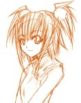  1girl food fruit kufei long_sleeves looking_at_viewer lowres mahou_sensei_negima! monochrome orange short_hair sidelocks simple_background sketch smile solo twintails upper_body white_background 