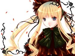  00s 1girl bangs blonde_hair blue_eyes bonnet bow cropped_jacket curly_hair dress drill_hair flower frills hair_ribbon long_hair petals red_dress ribbon rose rozen_maiden shinku solo twintails white_background 