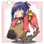  1girl boar closed_eyes ham_(points) japanese_clothes kimono lowres new_year sleeping solo 