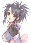  1girl black_hair blush breasts brown_eyes cleavage female happy large_breasts lowres natsu_minamikaze ponytail ribbon sheena_fujibayashi simple_background sketch smile solo tales_of_(series) tales_of_symphonia 