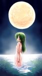  1girl full_moon green_eyes green_hair higurashi_no_naku_koro_ni lake long_hair long_sleeves looking_at_viewer moon moonlight night night_sky outdoors pointy_ears reflection sky solo sonozaki_shion tuki wading water wet 