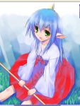  1girl blue_eyes blue_hair demon_girl green_eyes hima horn horns japanese_clothes miko momotarou_densetsu oni pointy_ears red_hakama solo yasha 