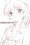  1girl gloves hat mibu_natsuki monochrome pink police police_uniform policewoman ponytail sketch smile solo stewardess uniform whistle 