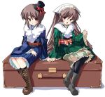  00s 2girls alternate_costume boots brown_hair dress hat heterochromia japanese_clothes kimono long_hair multiple_girls new_year pantyhose rozen_maiden shinshin short_hair short_kimono siblings sisters souseiseki suiseiseki twins 