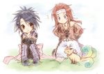  animal black_hair blue_eyes blush boots brown_eyes chibi corrine gloves grass headband kneeling long_hair lowres natsu_minamikaze ponytail redhead ribbon sheena_fujibayashi shoes short_hair simple_background sitting smile surprised tales_of_(series) tales_of_symphonia zelos_wilder 