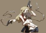  00s 2girls bare_shoulders black_hair blackalpha blonde_hair gun handgun hug long_hair mireille_bouquet multiple_girls noir pistol short_hair sleeveless sleeveless_turtleneck smoke smoking_gun turtleneck weapon yuri yuumura_kirika 