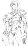  1boy 1girl asanagi bodysuit couple cowboy_shot evil_smile fantasy_earth female height_difference hetero hug looking_at_viewer monochrome petting shaded_face short_hair simple_background smile standing white_background 