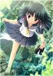  1girl barefoot black_hair bow brown_eyes creek feet from_above hair_ribbon holding holding_shoes loafers original ribbon school_uniform serafuku shoes simk skirt skirt_hold solo sparkle stream violet_eyes wading walking watch watch water 