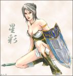  1girl boots breasts cleavage large_breasts lowres shield shin_sangoku_musou solo xing_cai 
