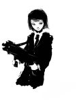  1girl gun monochrome necktie rifle short_hair simple_background sketch solo uniform weapon 