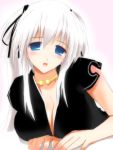  1girl black_ribbon blue_eyes breasts cleavage hair_ribbon hima long_hair looking_at_viewer mabinogi nao_(mabinogi) open_mouth ribbon side_ponytail silver_hair smile solo 