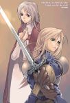  2girls agrias_oaks blonde_hair blue_eyes final_fantasy final_fantasy_tactics hidematsu_(fsc) long_hair multiple_girls ovelia_atkascha sword weapon 