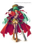  1girl aoi_yuuji belt boots bullet cape gloves green_hair gun hat holster long_hair red_eyes solo thigh-highs weapon 