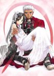  1boy 1girl archer bride dark_skin dark_skinned_male dress elbow_gloves fate/stay_night fate_(series) gloves long_legs tohsaka_rin wedding wedding_dress 