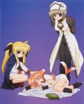 3girls animal_ears arf bandaid blanket blonde_hair blue_eyes boots breasts brown_hair cape cleavage closed_eyes fang fate_testarossa fingerless_gloves fox_ears gloves gradient gradient_background hair_ribbon hat linith long_hair lying lyrical_nanoha mahou_shoujo_lyrical_nanoha mahou_shoujo_lyrical_nanoha_a&#039;s multiple_girls okuda_yasuhiro open_mouth orange_hair red_eyes redhead ribbon short_hair sleeping smile squatting tail toes twintails 
