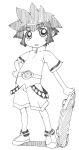  1girl :o androgynous belt belt_buckle blush buckle full_body hand_on_hip holding looking_at_viewer matsubara_kaoru monochrome parted_lips powered_buttercup powerpuff_girls powerpuff_girls_z short_hair shorts simple_background skateboard sketch solo standing suspenders white_background 