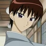  00s 1girl bangs black_eyes brown_hair indoors japanese_clothes kimono looking_at_viewer lowres school_rumble screencap short_hair solo takano_akira yukata 