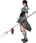  1girl armor black_hair boots brown_eyes closed_mouth dress expressionless faulds full_body green_dress looking_at_viewer lowres polearm shield shin_sangoku_musou short_hair shoulder_pads simple_background solo spaulders staff standing trident weapon white_background xing_cai 