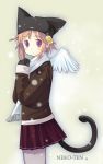  1girl animal_ears animal_hat bell black_gloves cat_ears cat_hat cat_tail fringe from_side fujishiro_touma gloves hair_bell hair_ornament hat jingle_bell pantyhose plaid plaid_skirt scarf skirt snow snowing solo tail white_scarf white_wings wings 