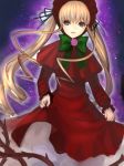  00s 1girl blonde_hair blue_eyes bonnet bow bowtie cowboy_shot dress drill_hair flower frills green_bow green_bowtie hair_ribbon long_hair long_sleeves looking_at_viewer plant red_dress ribbon rose rozen_maiden shinku sidelocks smile solo thorns twintails vines wide_sleeves 